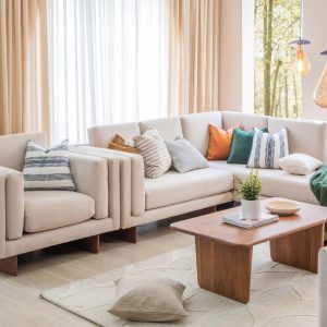 Modern Scandinavian Wooden Sofa - Luxury Fabric & Solid Wood - Free Riyadh Delivery أريكة خشبية إسكندنافية عصرية - قماش فاخر وخشب متين - توصيل مجاني إلى الرياض